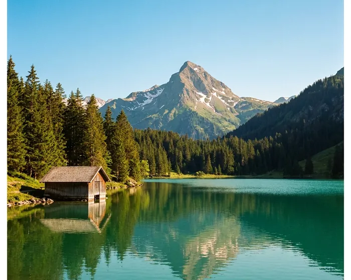 Bergsee mit Gipfel und Bootshaus