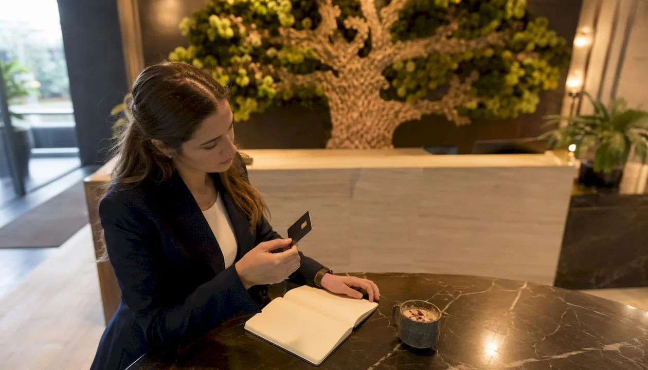 Eine Hotelangestellte kontrolliert den Ausweis mit integriertem Chip.