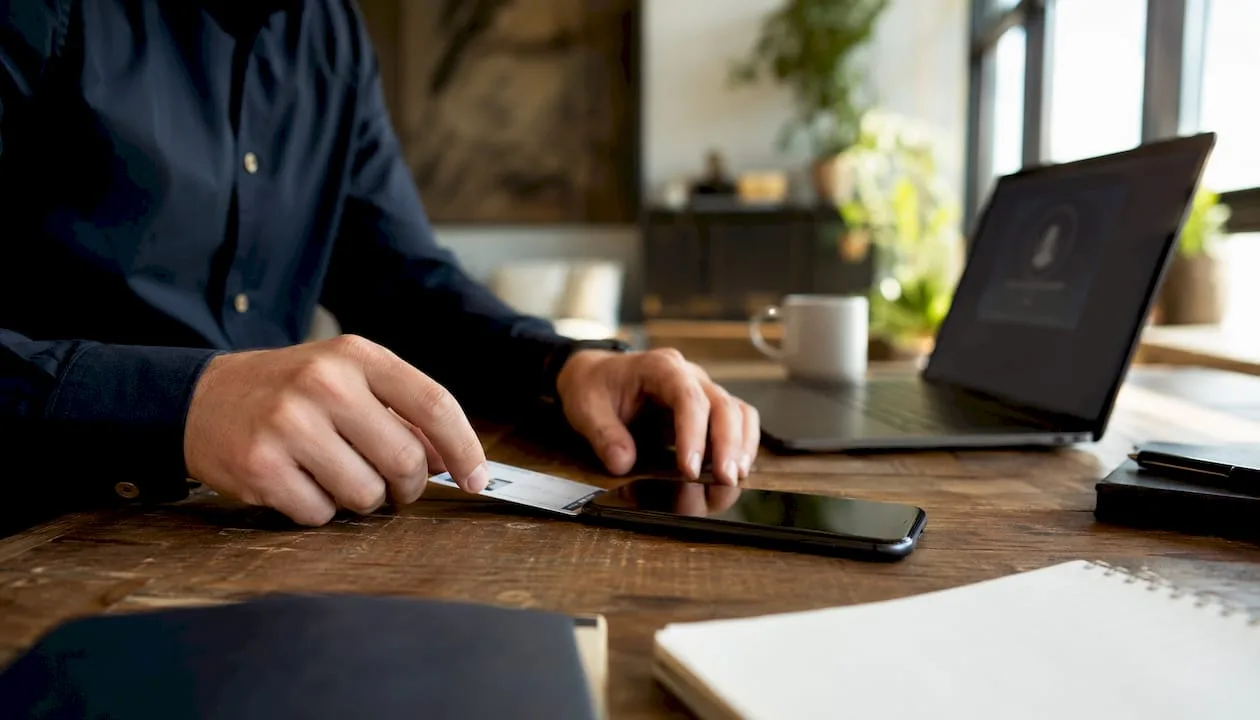 Mit einer Hand wird der Ausweis neben das Smartphone auf den Schreibtisch gelegt.
