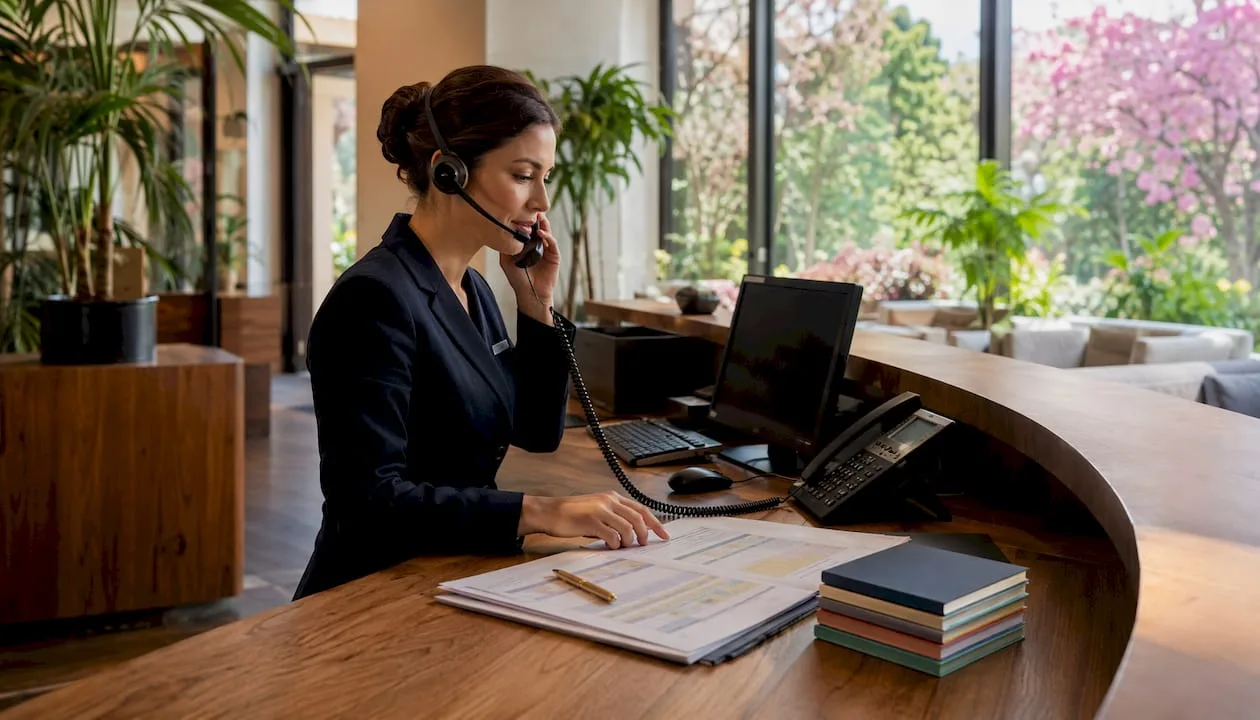 Die Hotelmanagerin nutzt die Cloud-Telefonanlage am Empfang für die Kommunikation mit Gästen und Team.