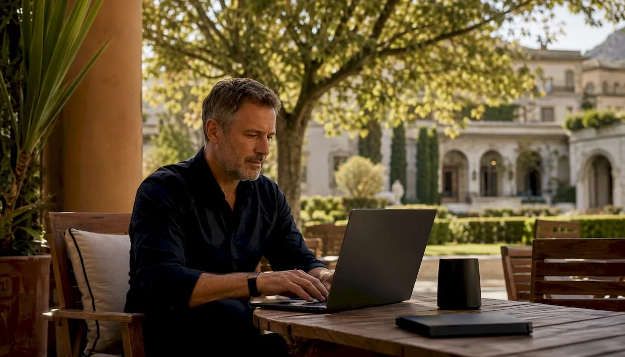 Ein Mitarbeiter des Hotels sitzt im Empfangsbereich und arbeitet am Laptop.