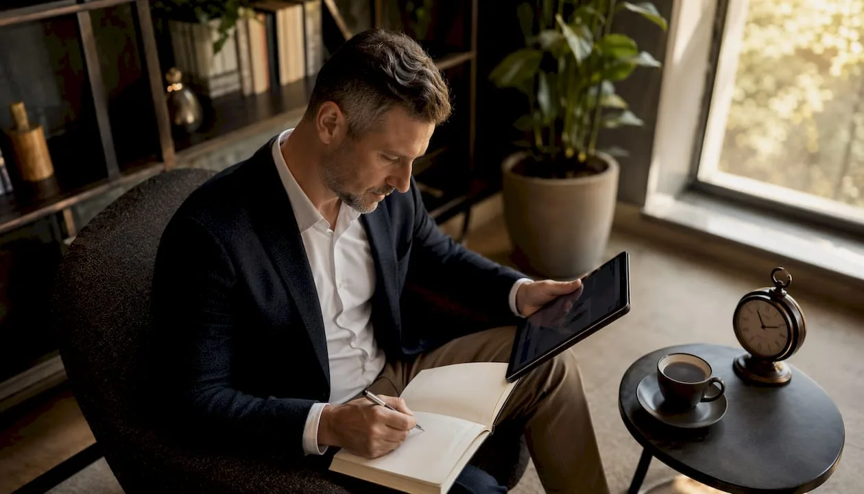 Der Hotelmanager wirft im Büro einen Blick auf die Auswertungen der Hotelsoftware.