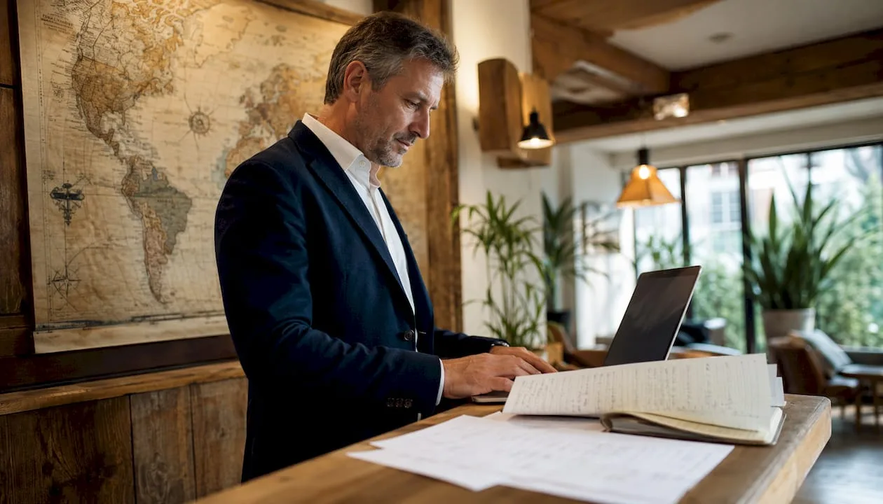 Ein Hoteldirektor optimiert am Laptop die Abläufe durch digitale Lösungen.