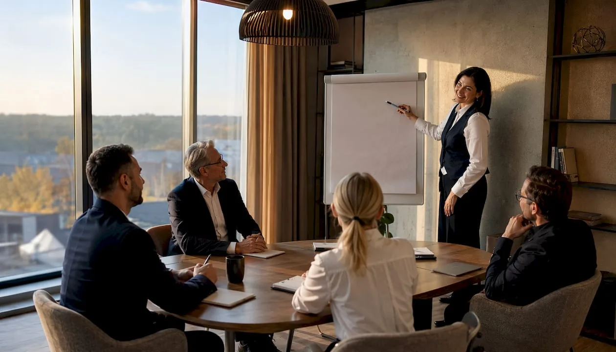 Im Rahmen einer Teambesprechung tauschen sich die Hotelmitarbeitenden über den aktuellen Stand der Digitalisierung und mögliche nächste Schritte aus.