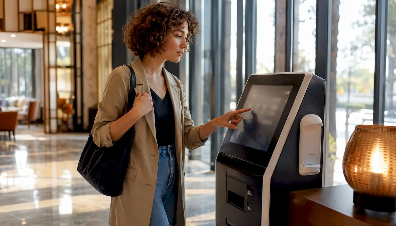 Ein Hotelgast nutzt den digitalen Check-in-Automaten in der Lobby, um selbstständig einzuchecken.