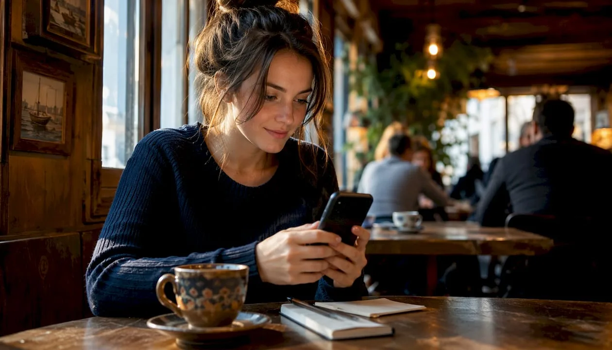 Eine Frau stöbert auf ihrem Smartphone durch individuell zugeschnittene Hotelangebote.